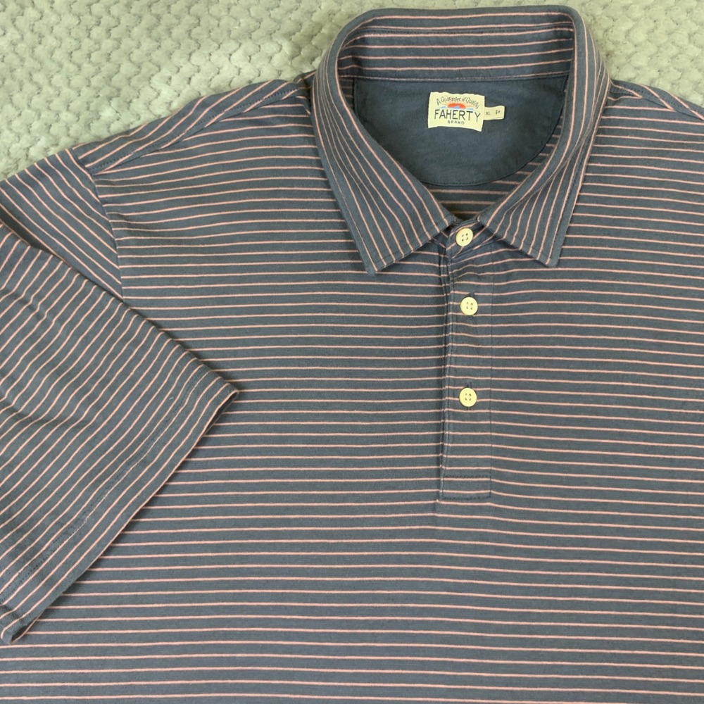 Faherty Polo Shirt Mens XL Navy Pink Stripe Cotton Short Sleeve MKU2500-NCP